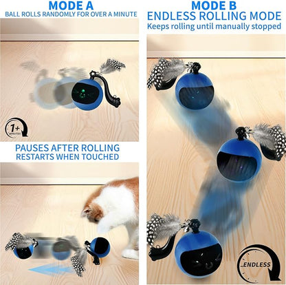 Interactive Cat Toy Ball with Remote Control, Automatic Moving & Rolling Cat Feather Toy, USB Rechargeable, Motion Activated Remote Control Cat Toy for Indoor Cats (Blue)
