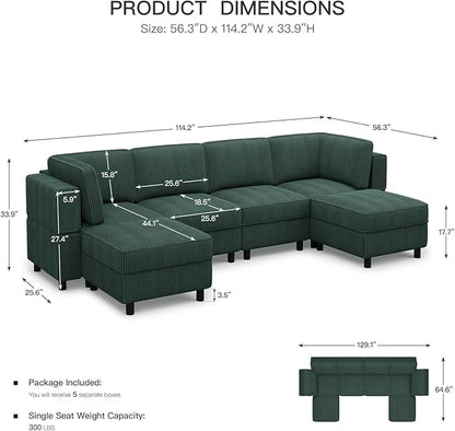 114.2" Modular Sectional Sofa with Deep Storage Seat,U Shaped Sectional Sofa Couch Convertible 6 Seater Corduroy Couch with Movable Ottoman,Upholstered Sectional Couches for Living Room,Green