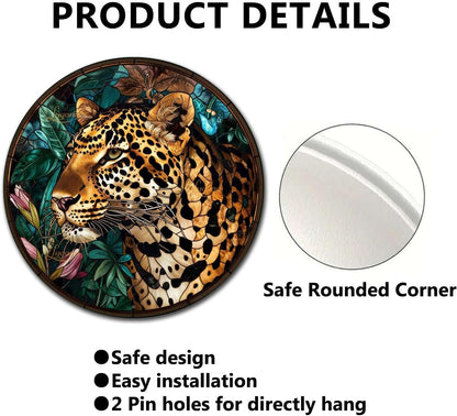 Lygond Metal Sign Tin Sign Circular Stained Glass Leopard Metal Signs Vintage For Restaurant 8×8 Inches