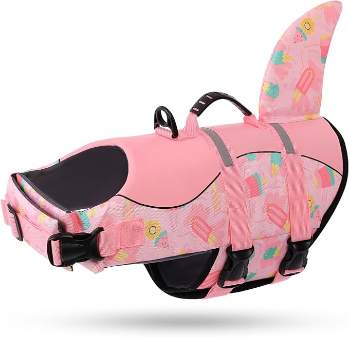 Dog Life Jacket High Flotation, Reflective Dog Life Vests for Swimming, Adjustable Dog Life Preserver Rescue Handle Spring Summer Pool for Small, Medium, Large Dogs (Pink Ice Cream,S)