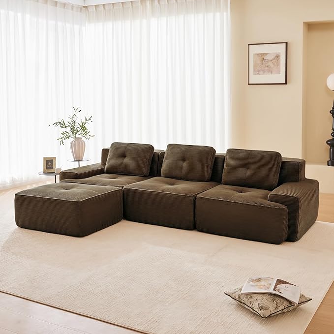 115" Modern Corduroy Cloud Sofa with Ottoman, L Shaped Boneless Modular Large Sectional Couches for Living Room, Brown 3 Seater Compressed Memory Foam Couch, Extra Deep Seat, No Assembly