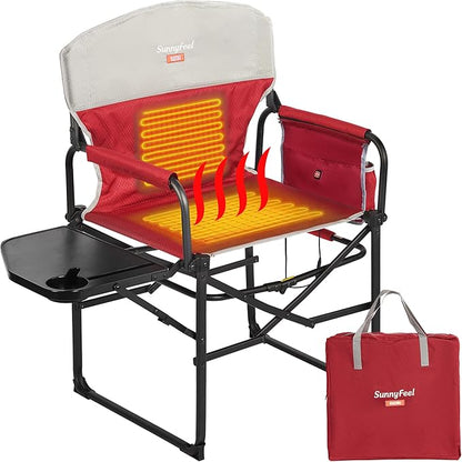 SUNNYFEEL Heated Camping Directors Chair, Heavy Duty,Oversized Outdoor Portable Heating Folding Chair with Side Table, Pocket for Beach, Fishing,Trip,Picnic,Lawn,Concert Foldable Camp Chairs