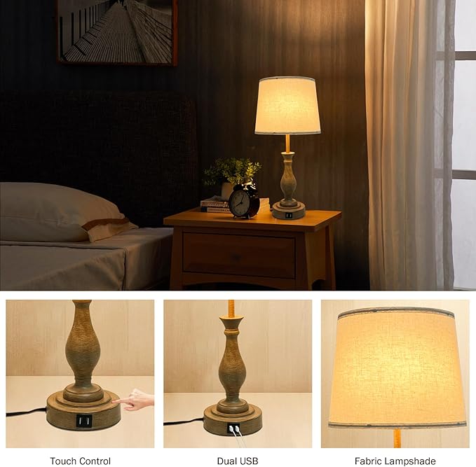Farmhouse Table Lamp Touch Control 3-Way Dimmable Table Lamp, Modern Nightstand Lamp with 2 USB Port Bedside Desk Lamp with Fabric Shade for Living Room (Pack 1-Beige Shade & Touch)