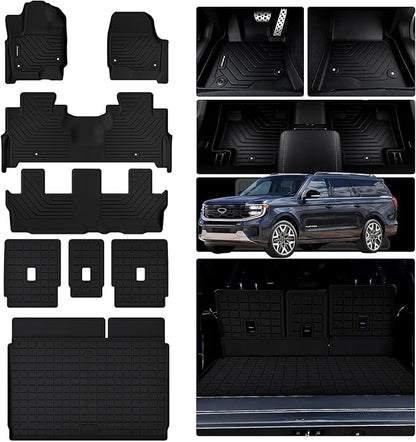 Floor Mats for 2025 Ford Expedition MAX 8 Seats & Trunk Mat & Backrest Mat, Only Fit Max (2nd Row Bench Seat) TPE All Weather Protection Car Full Set Mats Covering The Backrest Accessories