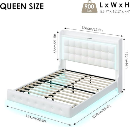 Keyluv Upholstered Queen Floating Bed Frame with LED Lights and Charging Station, Pu Leather Platform Bed with Button Tufted Storage Headboard, Type-C & USB Charging Ports, No Box Spring Needed, White