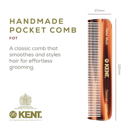Kent FOT Fine Tooth Handmade Pocket Comb for Men, Women and Kids, Hair Comb Straightener for Everyday Grooming and Styling, Beard and Mustache, Saw Cut, Hand Polished, Made in England