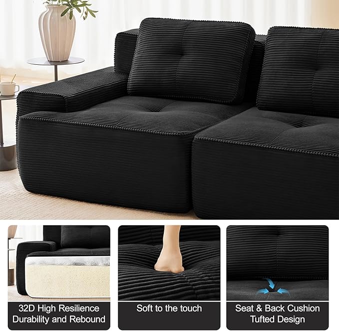 80" Modern Corduroy Boneless Love Seat Couches with 2 Ottomans, 2 Seater Large Sectional Couches for Living Room, Black Cloud Modular Sectional Sofa, Memory Foam, Extra Deep Loveseat, No Assembly