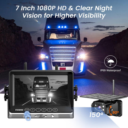 Dual Magnetic Solar Wireless Backup Camera for RV Truck Trailer ??7" 1080P Monitor with Recording, 1-Min Install, No Delay, Wide View, IR Night Vision, 4 Channels, Auto-Sleep Rechargeable