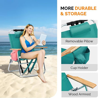 VINGLI Aluminum 13" Backpack Beach Chair – Tall Beach Chairs for Adults, Portable with Adjustable Straps, 3-Position Reclining, Cup Holder, High Lightweight Beach Chairs for Beach