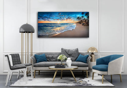 Jiuqinghua Canvas Prints Wall Art Blue Beach Ocean Landscape Paintings 1 panel Sunset Sea Waves Wall Decor Pictures Stretched and Framed for Living Room Bedroom and Office Decor Artwork 30x60inch