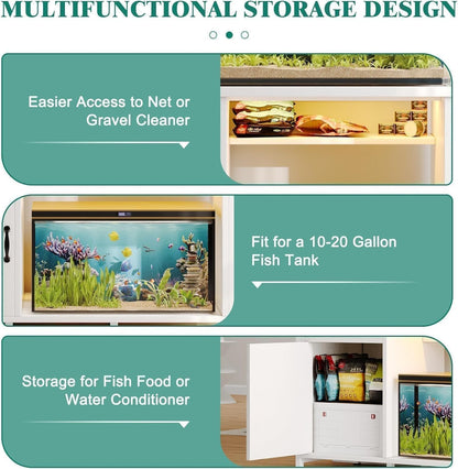 55 Gallon Fish Tank Stand with LED Light & Power Outlets, 55-75 Gallon Aquarium Stand with Drawer & Barn Door, 50" L x 20" W Cabinet for 2 Fish Tank Accessories Storage, Turtle Tank, Antique White