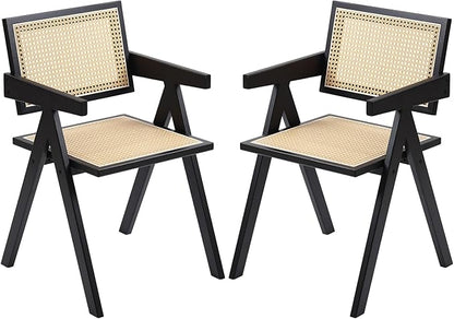 Furlide Rattan Dining Chairs Set of 2, Modern Mid Century Dining Chairs with Arms, Outdoor Bamboo Chairs for Bedroom, Living Room, Reading Room, Black