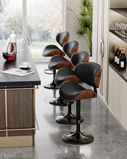 Aowos Bar Stools Set of 2, Adjustable Swivel Leather Bar Stools for Kitchen Island, Mid Century Modern Counter Height Bar Chairs Barstools with Back & Footrest (Black)