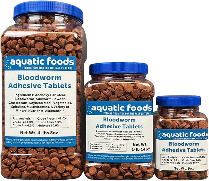 Aquatic Foods Inc. Bloodworm Glass Sticking 42% Protein Tablets for Angels, Tetras, Guppies, Cichlids, All Community Tropical Fish...9oz Jar