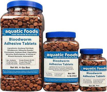 Aquatic Foods Inc. Bloodworm Glass Sticking 42% Protein Tablets for Angels, Tetras, Guppies, Cichlids, All Community Tropical Fish...9oz Jar