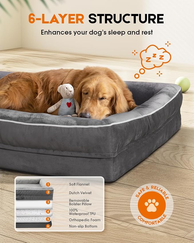 Upvilla Orthopedic Dog Bed XL, Four-Sided Dog Sofa, Washable Cover, Gray | Removable Waterproof Dog Bed Cover, Egg-Crate Orthopedic Foam, Built-In Carry Handle, Indoor Large Pet Beds, Cat Beds
