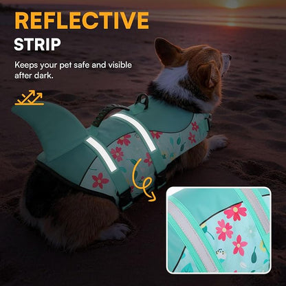 Dog Life Jacket, Dog Life Vest for Swimming, Doggie Shark Swimming Vest with Rescue Handle, Adjustable Reflective Pet Lifesaver Preserver for Small Dogs, Blue Flower S
