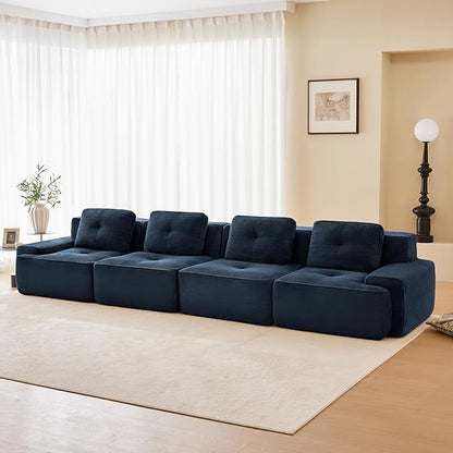150" Modern Corduroy Cloud Sofa, Boneless Modular Large Sectional Couches for Living Room, Blue 4 Seater Compressed Memory Foam Couch, Extra Deep Seat, No Assembly