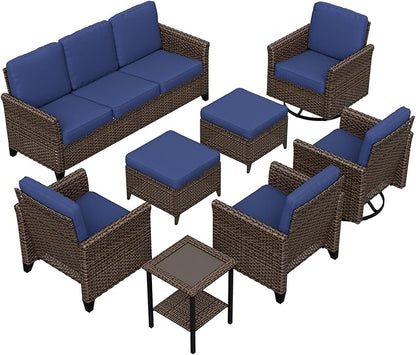 COOS BAY Harbor Retreat 8 Piece Outdoor Furniture Set, Patio Conversation Set with Swivel Rocking Chairs, Patio Chairs, Couch, Side Table and Ottomans, Wicker Furniture, Brown/Blue