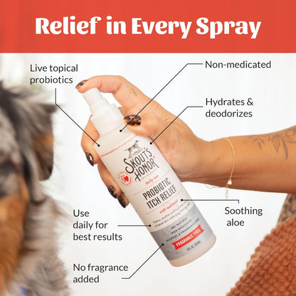 SKOUT'S HONOR Probiotic Itch Relief Spray for Pets - Non-Medicated, Fragrance-Free, Natural, Vegan, Long-Lasting Relief, with Soothing Aloe & Avocado Oil, 8 oz