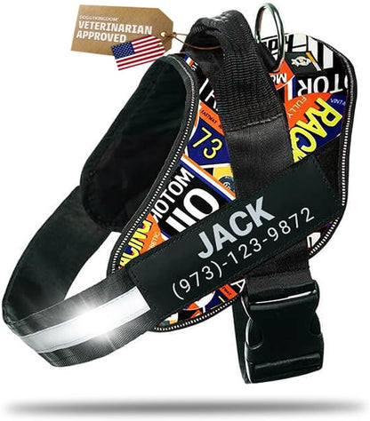 Personalized Dog Harness with Custom Name Patches, Adjustable Reflective No Choke Dog Vest with Handle for Small Dogs and Growing Puppy, Motorsport, XS
