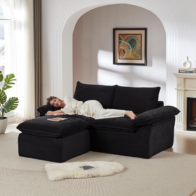 80" Cloud Sectional Couch with L-Shaped Chaise, Corduroy Sectional Sofa with Ottoman, Boneless Couch with Deep Seat in a Box for Living Room, No Assembly Required (Black)