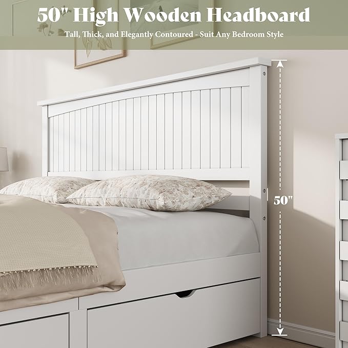AMERLIFE King Size Solid Wood Bed Frame with 50" Tall Headboard, Mid-Century Modern Bed with Storage, Wooden Platform Bed with 2 Drawers, No Box Spring Needed, White