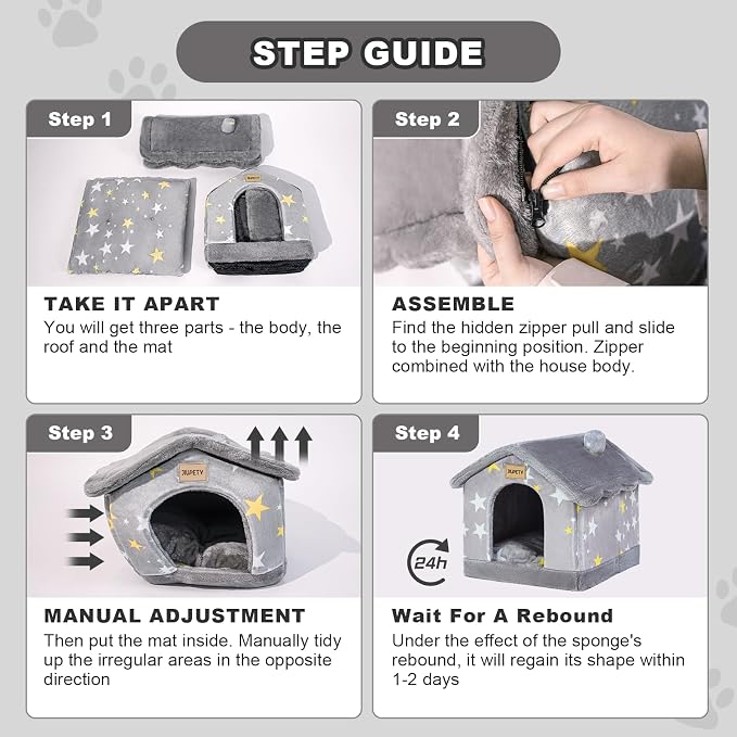 Cute Small Dog House Indoor,Foldable House Kennel Bed Mat with Cushion,Grey | L Size Dog Tent for 11-16 lb Dogs and 18-22 lb Cats, Dog Cave Bed with Non-Slip Bottom,Dog Cave with Foldable Reversible