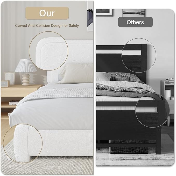 BarnFurin Queen Bed Frame with Headboard, Boucle Upholstered Platform Bed Frame, Luxurious Soft Rounded Corners, No Box Spring Required, Easy Assembly, White