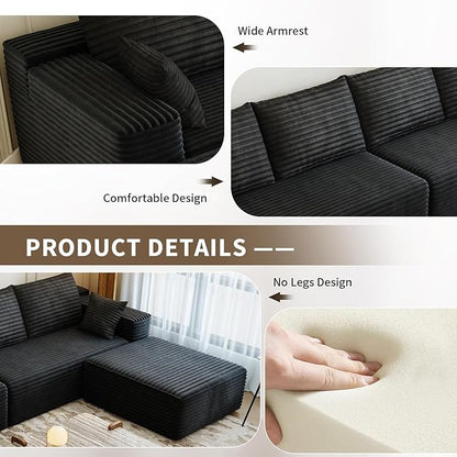 139.4" Modular Sectional Sofa, L-Shaped Minimalist Couches with Middle Seat Chaise, Modern Deep Seat Convertible Sleeper Sofa,Cloud Plush Corduroy Fabric, No Assembly Required, 5 Seater, Black