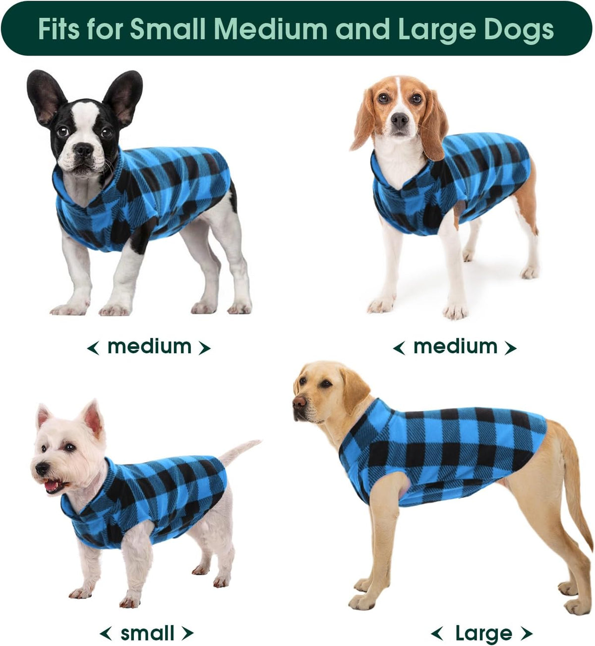 Kuoser Dog Fleece Vest,Warm Plaid Dog Sweater with Leash Hole,Soft Turtleneck Winter Pet Jacket Dogs Coat Pullover Clothes for Small Medium Dogs Cats,Spring Fall Cold Weather Christmas Outfit,Blue M