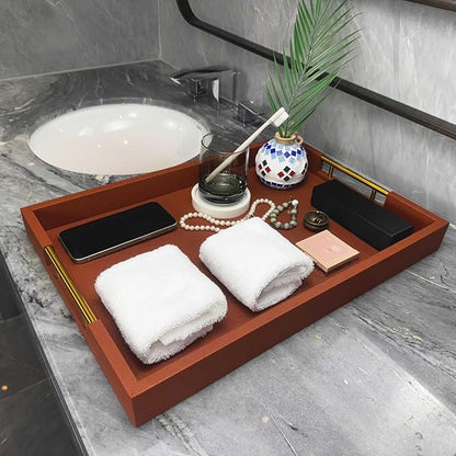 14x20 Inches Brown Faux Leather Wrapped Wood Serving Tray with Metal Handles for Various Occasions, Ottoman, Home Decor Decorative, Living Room, Coffee Table Organizer, Serving Breakfast On Bed