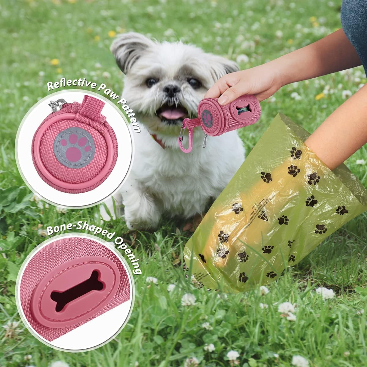 Dog Poop Bag Holder for Leash Doggie Waste Bag Dispenser Soft Fabric Puppy Potty Carrier Small Doggy Zipper Pouch with Carabiner Clip 1680D Nylon Oxford with 1 Roll of Pet Trash Bags, Pink