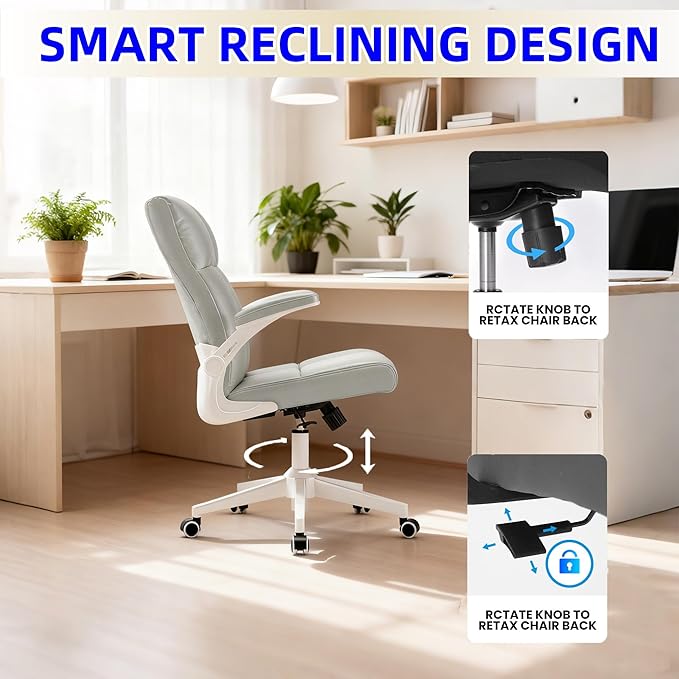 Ergonomic Home Office Desk Chair with Space Saving Flip-Up Arms, 360° Swivel & Reclining Back, Executive Chair in Soft Faux Leather Chair Multi-Angle from 90° to 135° with 450LBS Capacity（Gray）