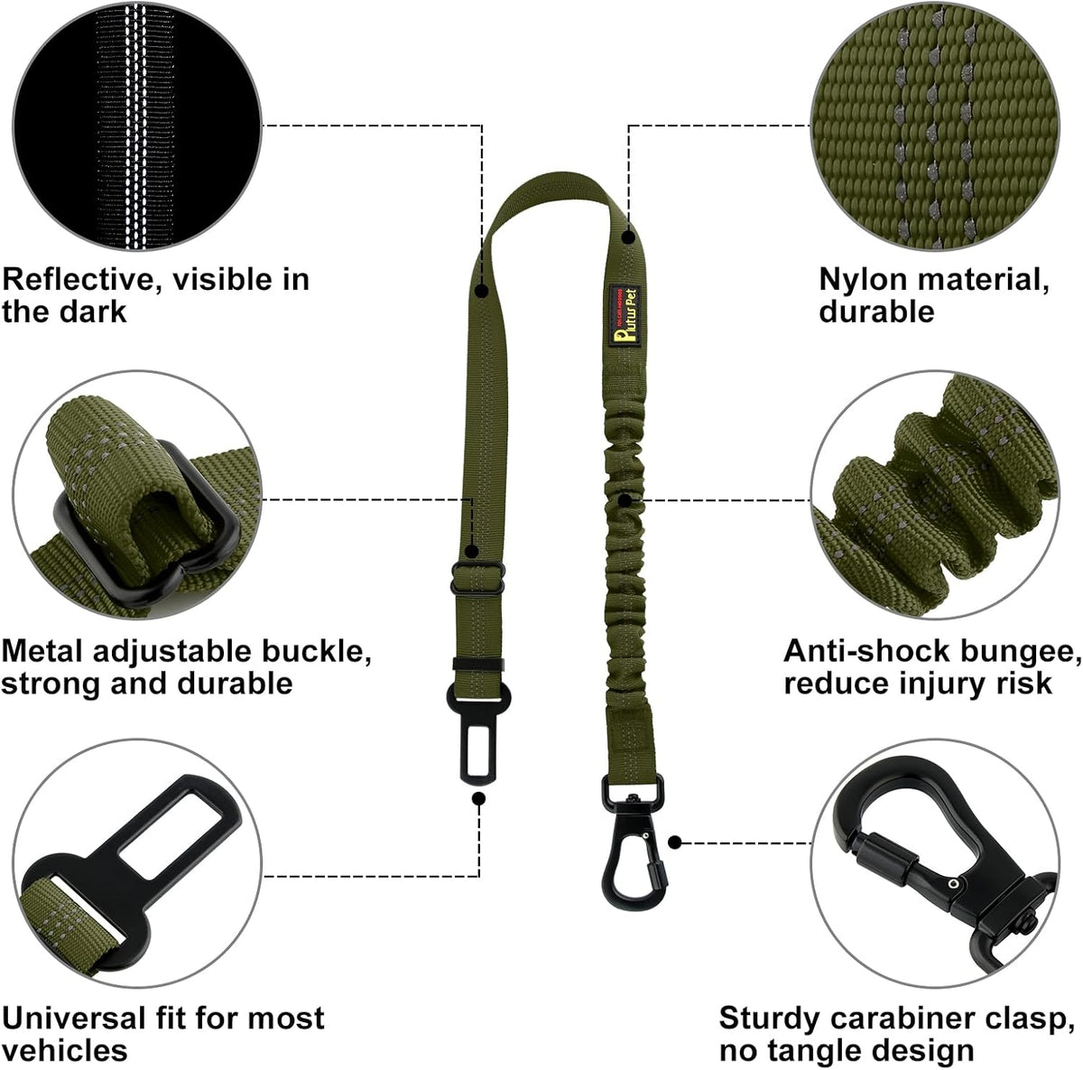 Plutus Pet Dog Seat Belt for Car, Adjustable Dog Car Harness with Carabiner Clip, Reflective Safety Dog Seatbelt Leash with Elastic Bungee, Ranger Green
