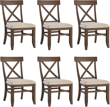 HULALA HOME Solid Wood Dining Chairs Set of 6, Walnut Farmhouse Upholstered Kitchen Dining Room Chair Mid-Century Modern Dinner Chair with Cross Back Wooden Legs for Living Room, Restaurat, Cafe