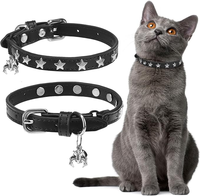 EXPAWLORER Halloween Leather Cat Collar - Adjustable Pet Collar with Rivet Spike for Girl Boy Cats, Punk Accessories with Bell & Durable D-Ring,Silver Pentagram