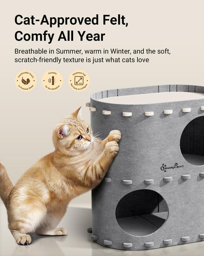 DownyPaws Cat House for Indoor Cats, 2-Storey Foldable Cat Bed Cave, Felt Cats Tunnel Bed Condo, Castle Kitten Cube Hideaway for Multicats, Scratch Resistant, Light Gray