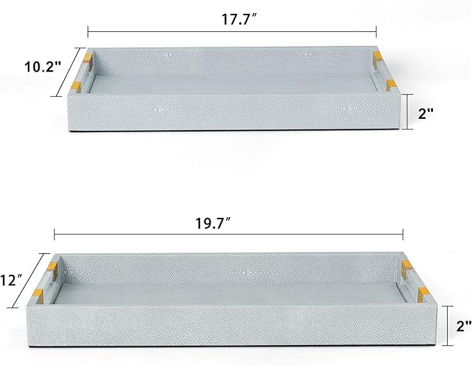 2 Pack Large Ottoman Tray Shagreen Decorative Tray Serving Tray with Acrylic Gold Handles, Ice Blue Vegan Leather Coffee Table Tray for All Occations Home Decor