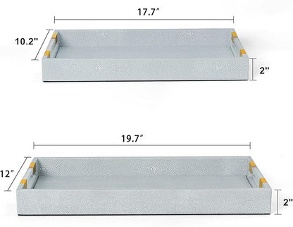 2 Pack Large Ottoman Tray Shagreen Decorative Tray Serving Tray with Acrylic Gold Handles, Ice Blue Vegan Leather Coffee Table Tray for All Occations Home Decor