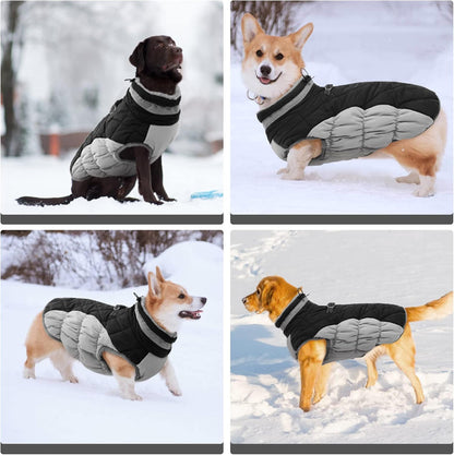 FUAMEY Dog Coat for Large Dogs,Waterproof Dog Winter Jacket with Harness Built in Puppy Cold Weather Coats Reflective Pet Vest with Zipper Warm Fleece Dogs Snowsuit Windproof Black XXL