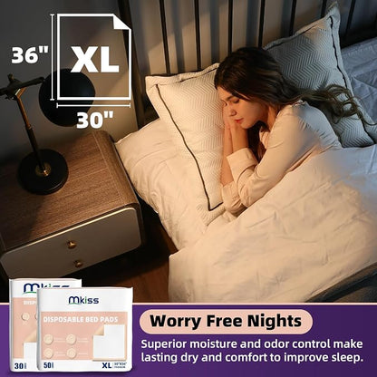 MKISS 30" x 36" Disposable Bed Pads [50 Counts], Heavy Absorbency Underpad | Super Absorbent, Extra Large, Leakproof & Waterproof Protection, Dry Quickly, Soft Fabric Surface
