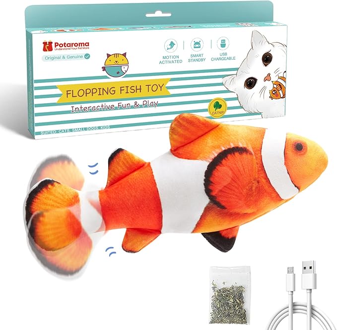 Potaroma Cat Toys Flopping Fish with SilverVine and Catnip, Moving Kitten Kicker, Floppy Wiggle Clownfish for Small Dogs, Motion Kitty Interactive Exercise, 10.5 Inches