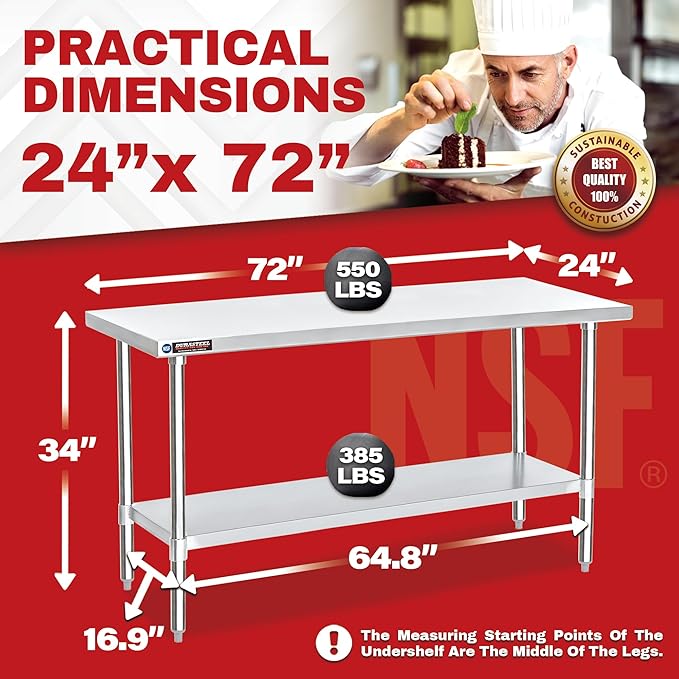 DuraSteel 24x72 Stainless Steel Work Table - NSF Commercial Prep Metal Table - Outdoor Pizza Oven Stand w/Under Shelf - Kitchen Island Laundry Utility Garage Microwave Stand Rolling Storage Cart Vevor