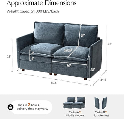 HULALA HOME 68'' Loveseat Sofa with Dual-Layered Cushions, 2 Seater Sofa with Storage Ottoman and Removable Cover, Modern Deep Seat Cloud Couch for Living Room, Blue