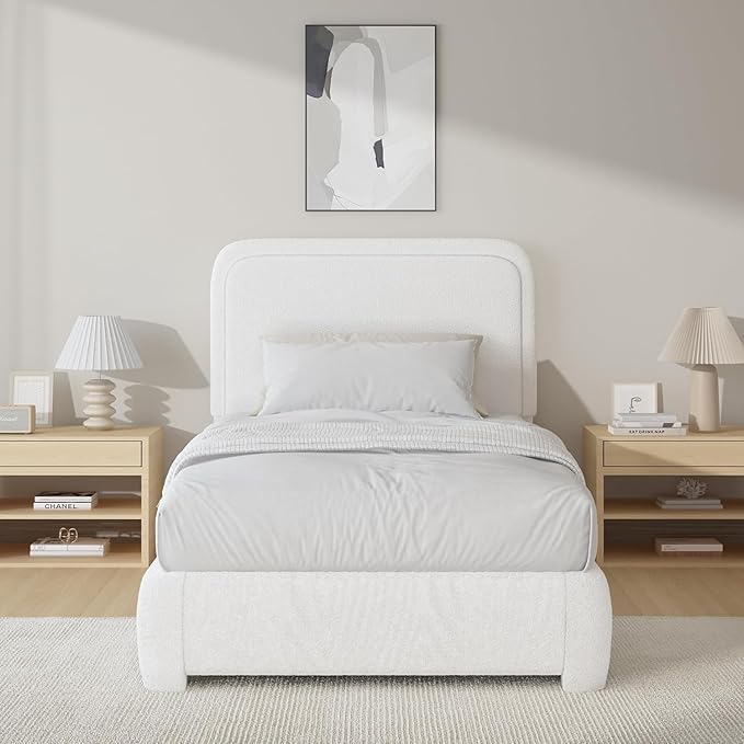 BarnFurin Twin Bed Frames with Headboard,Cloud Boucle Upholstered Platform Bed, Modern Style, Soft Rounded Corners, No Box Spring Needed, Easy Assembly, White