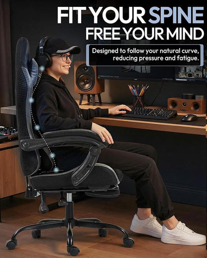 Gaming Chair with Footrest, Ergonomic 330lbs Leather Mesh Chair, Massage Lumbar Support, Adjustable Height & Headrest Pillow, Breathable Seat for Office, Home, Streaming, Long Gaming Sessions, Onyx