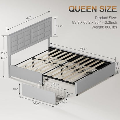 VECELO Queen Size Bed Frame with 4 Storage Drawers & Adjustable Headboard, Built-in Charging Station, Upholstered Bedframe with Wood Slats Support, Light Grey