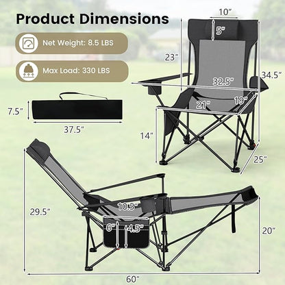 GYMAX Reclining Camping Chairs with Footrest, Lightweight Foldable Camping Chairs with Cup Holders, Adjustable Backrest, Headrest, Heavy Duty Camp Chair for Adult Outdoor Fishing Beach (Grey,2)