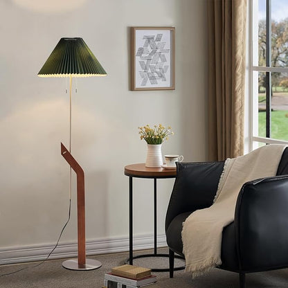 Floor Lamps for Living Room,Mid Century Modern Wood Large Floor Lamp,Height Adjustable Study Room,Bedroom,Office Tall Standing Floor Lamp,Green Pleated Lampshade